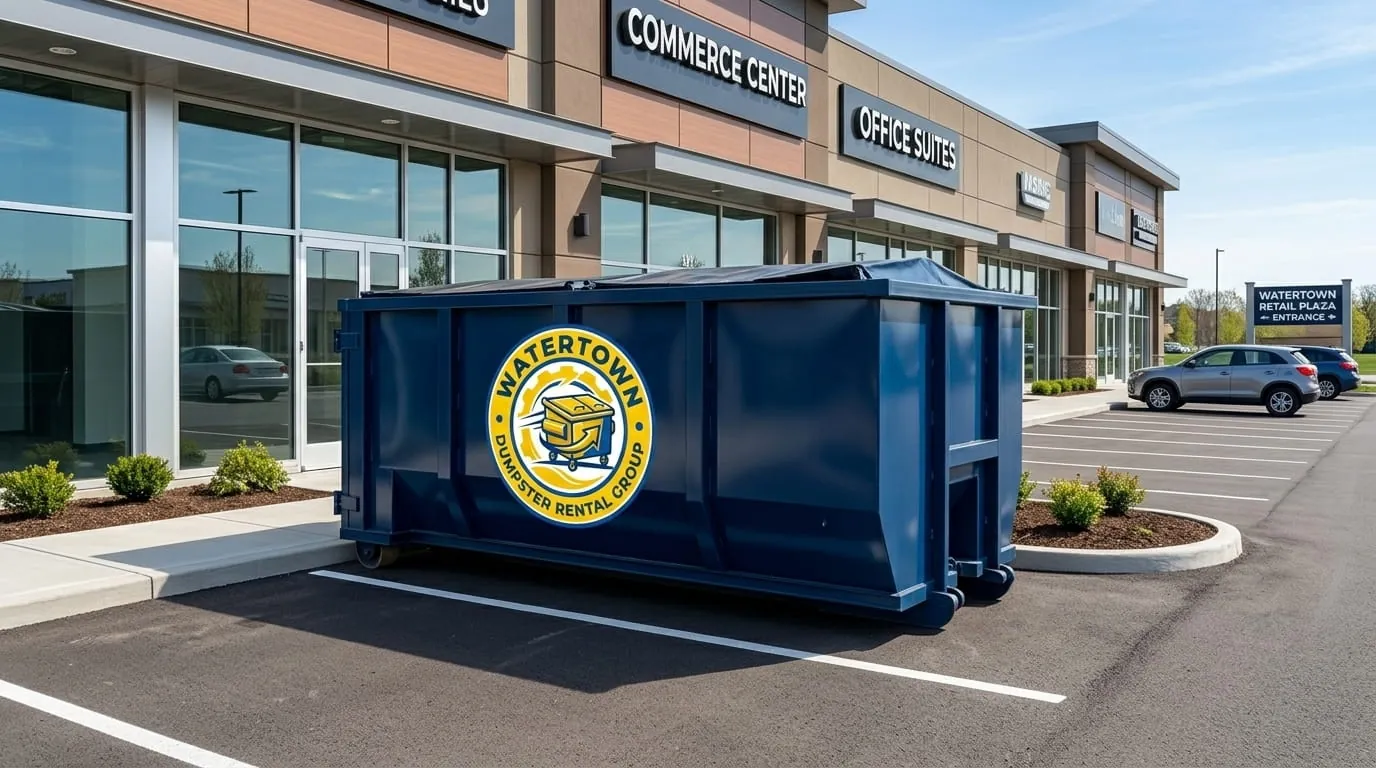 Commercial roll-off container in a retail plaza parking lot in Watertown, New York Commercial roll-off container in a retail plaza parking lot in Watertown, New York