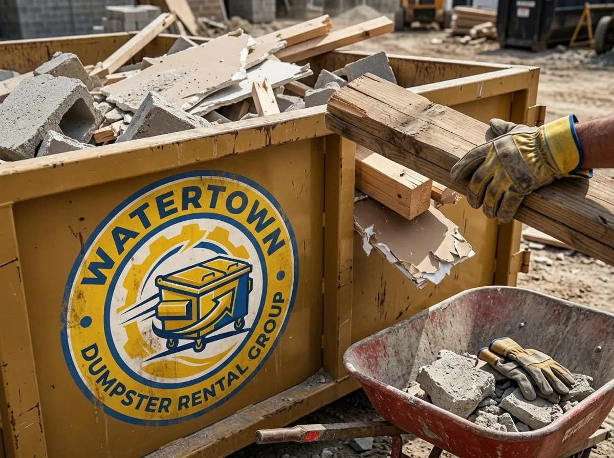 Broken concrete, drywall and lumber loaded for removal in Watertown, New York
