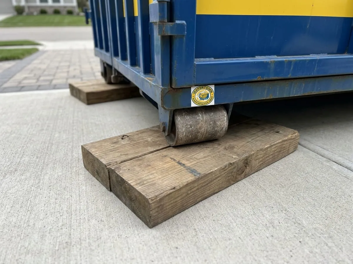 Close-up of a roll-off dumpster resting on timber protection boards on a driveway