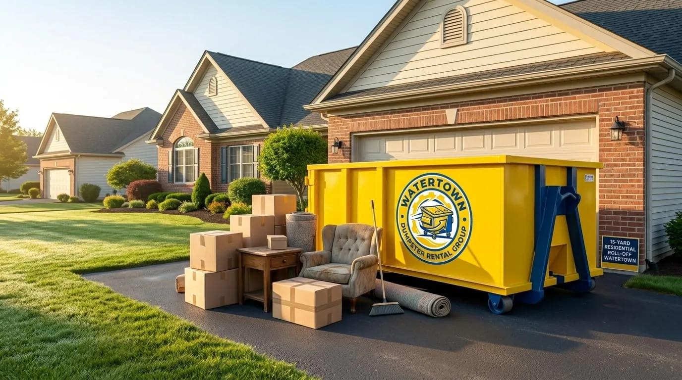 Roll-off container and packed boxes on a residential driveway in Watertown, New York