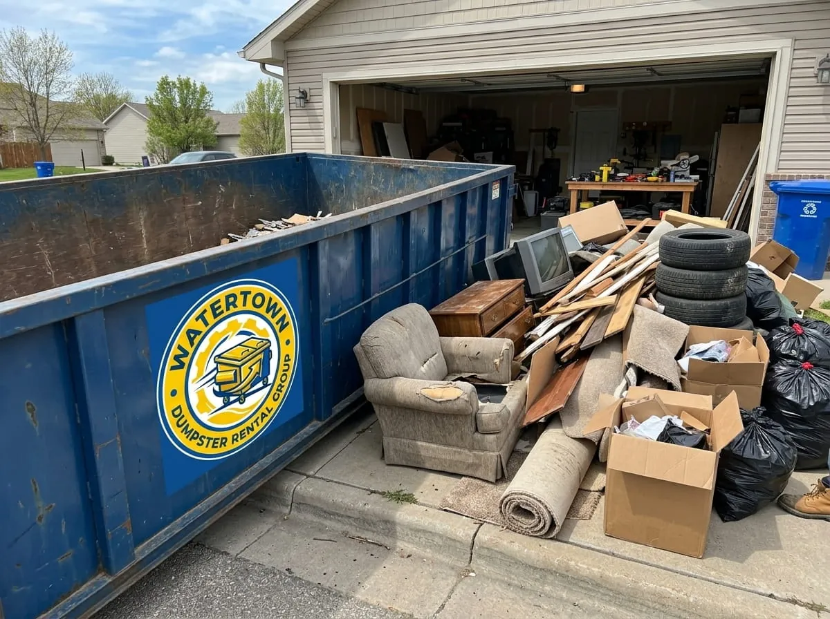 Garage clearance with furniture and boxes beside a roll-off container in Watertown, New York