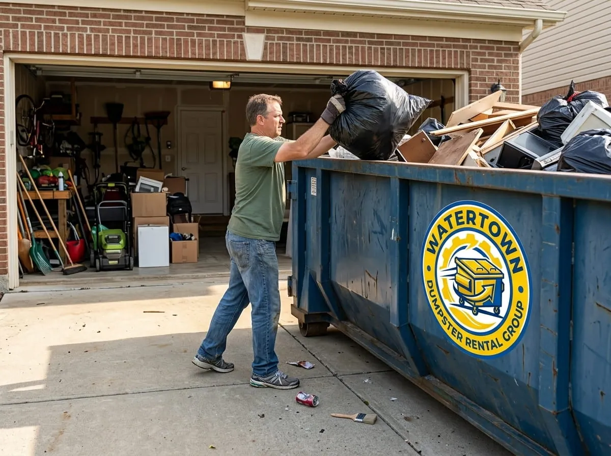 Homeowner loading bagged household waste into a roll-off dumpster in Watertown, New York