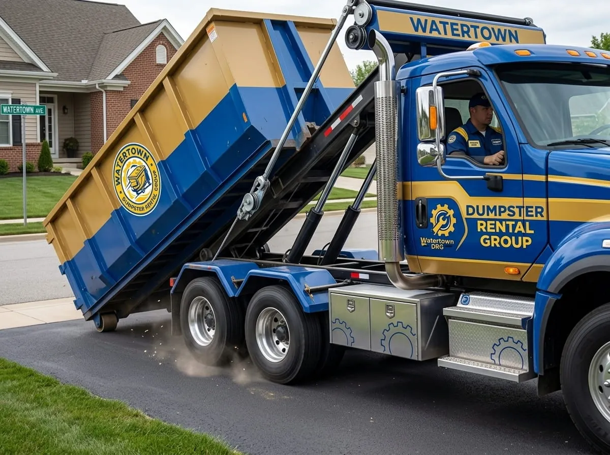 Roll-off truck tipping a container into place in Watertown, New York Roll-off truck tipping a container into place in Watertown, New York
