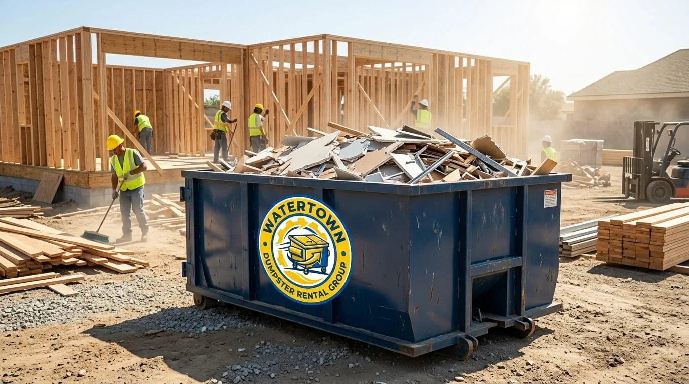Roll-off container collecting debris at a house under construction in Watertown, New York