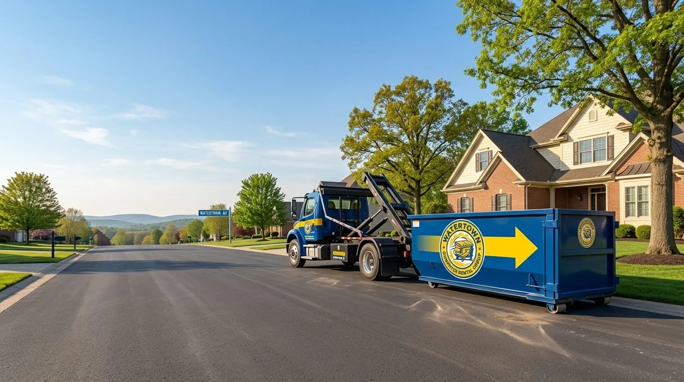 Roll-off truck and container on an open road outside Watertown, New York